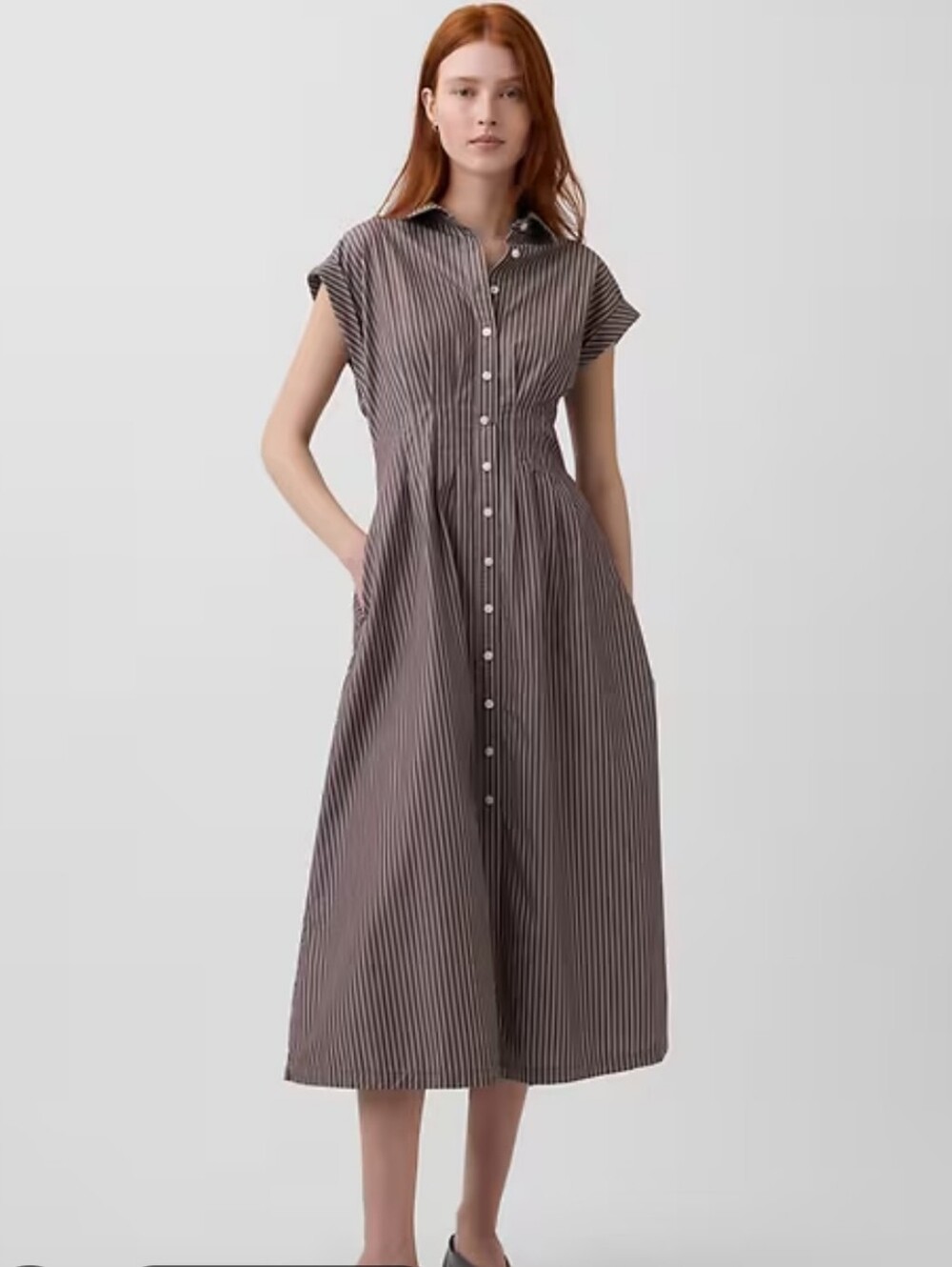 GAP Brown Stripe Poplin Cinched Cotton Midi Shirt Dress Size XS